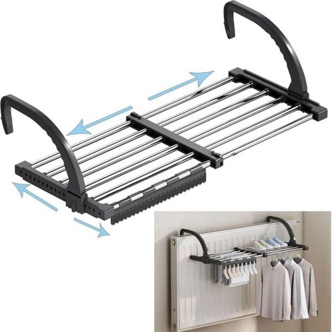 Stendibiancheria da balcone/radiatore/parete, pieghevole in acciaio inox, stendibiancheria telescopico (lunghezza: 51-95 cm), con stendino antivento per calzini incluso. (1/4)