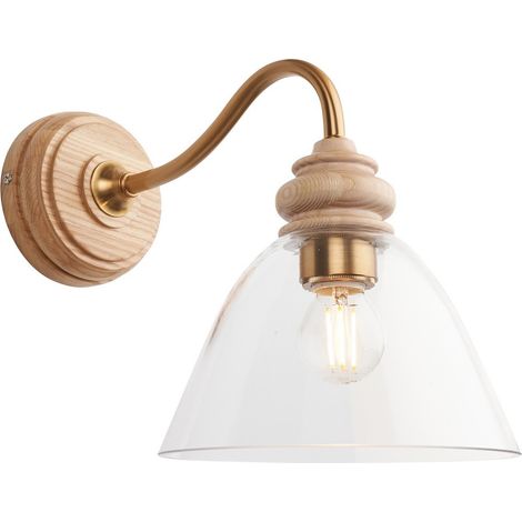Endon Cotswold Applique murale dôme en frêne naturel, plaque en laiton vieilli brossé, verre transparent, 1x E14 (1/5)