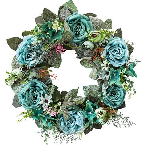 Couronne de roses artificielles de 45 cm (17,7 pouces) - Décoration florale printanière et estivale pour porte d'entrée, mur, fenêtre, fête, mariage - Vert (1/5)