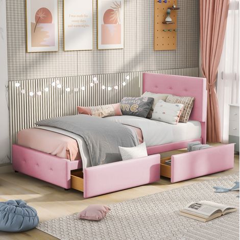 Bett mit Stauraum 90x200 Bettgestell Rosa Samt OKMYHOME (1/5)