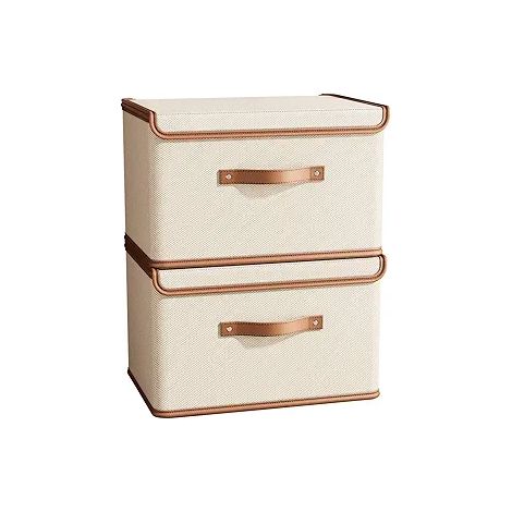 2er-Pack Aufbewahrungsboxen mit Deckel, faltbarer Kleiderschrankbehälter, Stoffbox mit Griff, dekorative Aufbewahrungsbox mit Deckel zur Aufbewahrung von Kleidung, Büchern und Dokumenten, weiß, mittel