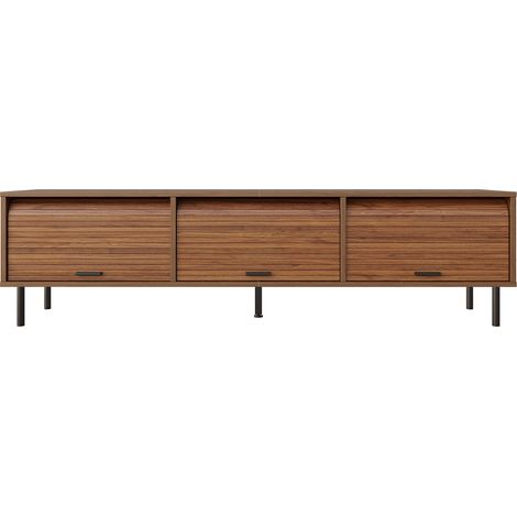 Meuble TV 180 cm en panneaux MDF finition noyer, 3 compartiments et 3 portes coulissantes à veinage vertical, étagère centrale fixe et pieds métal noir (1/5)