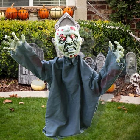 Décoration extérieure avec son et mouvement, décoration d'Halloween pour jardin, décoration squelette d'Halloween pour votre maison, scène de cimetière ou fête d'Halloween (75 x 100 cm, bleu) (1/5)