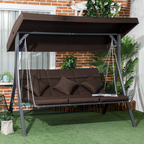Balancelle de jardin 3 places avec toit inclinable réglable, coussins confortables et structure en métal, canapé balançoire extérieur jusqu’à 270 kg, marron (1/5)