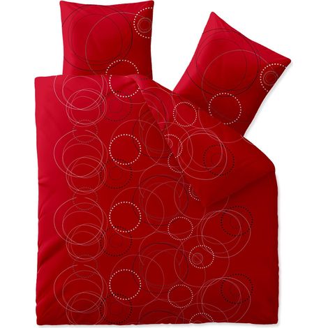 Parure de lit 200 x 200 cm 3 pièces en Coton Housse de Couette Pois Cercles Rouge Blanc (1/4)
