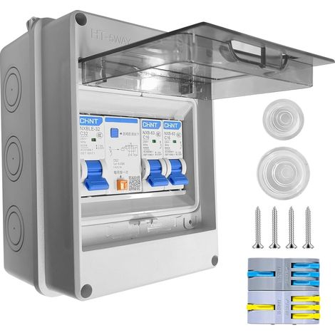 Boîte Coffret Electrique Etanche, tableau électrique pré-équipé, boitier electrique IP65, Sectionneur 10A+16A CA, avec bornier de connexion/rail din métal/obturateurs, pour Maison Bureau un atelier (1/5)