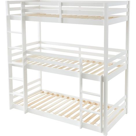 Vente-Unique – Lit superposé triple 90 x 200 cm – Structure en pin laqué blanc – 3 couchages – Avec sommier à lattes – Éco-responsable (1/4)