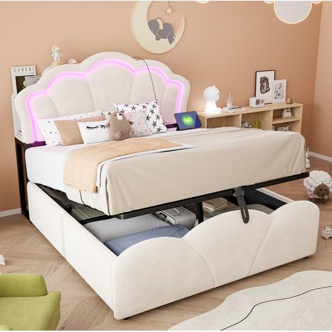 Etagenbett 140/200 cm in Beige mit Stauraum, LED und Steckdosen (1/5)