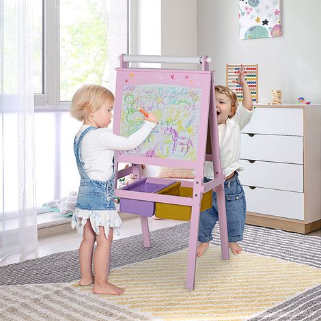 HOMCOM 3 en 1 Tableau Enfant - chevalet Enfant - Ardoise Double Face - Tableau Blanc Tableau à Craie - Rouleau Papier avec accessoires + paniers Rangement intégrés - MDF Rose