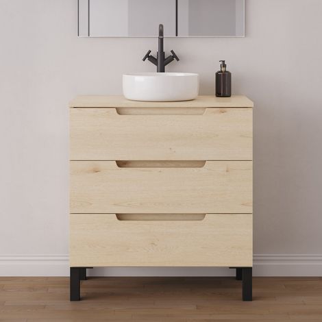 Meuble de salle de bain 60cm avec plateau et vasque à poser ronde - sans miroir - 3 tiroirs - roble calima (bois clair) - RIZA (1/5)
