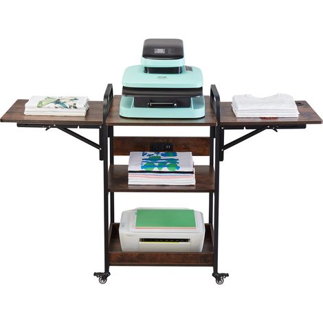 VEVOR Table de Presse a Chaud Mobile a 3 Niveaux, Support de Presse a Chaud avec Station de Charge, Etabli pour Machine de Transfert de Chaleur Pliable avec Roues, Poste de Travail Atelier, Marron