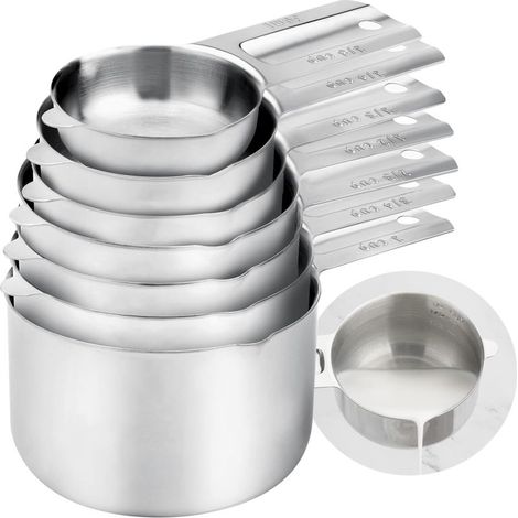 Juego de 7 vasos medidores apilables de acero inoxidable color plata para cocinar y hornear, para medir alimentos secos y líquidos. (1/5)