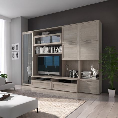 Wohnwand Cicala, Wohnzimmermöbel 5 Regale, Modular, Klapp-, Schwenktüren, in Eiche Braun (1/5)