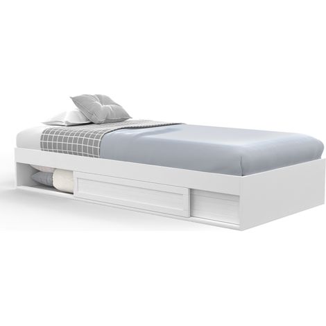 Idmarket – Cadre de lit simple SALEM blanc 90 x 190 cm – Rangement sous sommier 192 x 82.5 x 20 cm – Sommier 10 lattes inclus – Design moderne