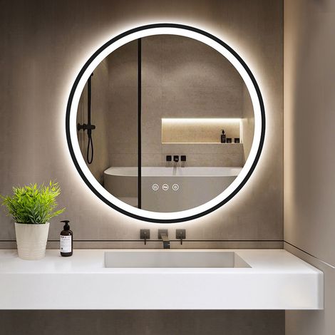 Runder LED Badezimmerspiegel GIMBELEN 60 cm mit Beleuchtung, Anti-Beschlag, Dimmer, 3 Lichtfarben, Touch-Schalter, Speicherfunktion, schwarz (1/5)
