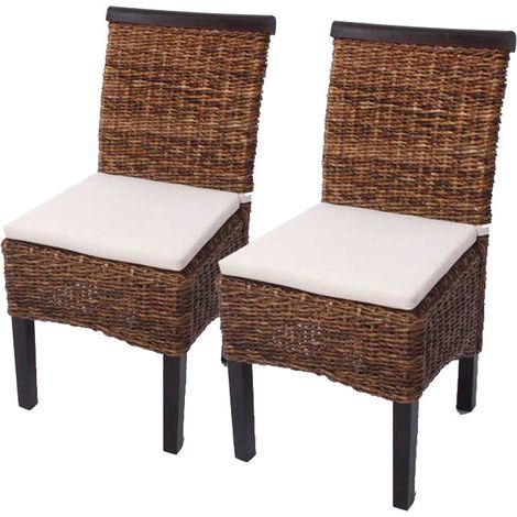 Lot de 2 chaises de salle à manger en tressage de feuilles de bananier finition foncée avec coussins 040000196 (1/3)