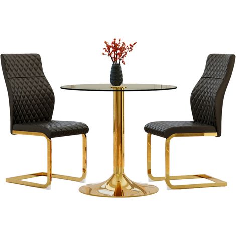 Ensemble table à manger ronde en verre trempé 85 cm et 2 chaises noires et dorées, style moderne léger luxe pour petit espace - CHICFURN (1/5)