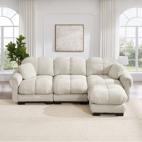 3-Sitzer Ecksofa hellkhaki aus Chenille mit beweglicher Ottomane und Steppdesign (1/5)