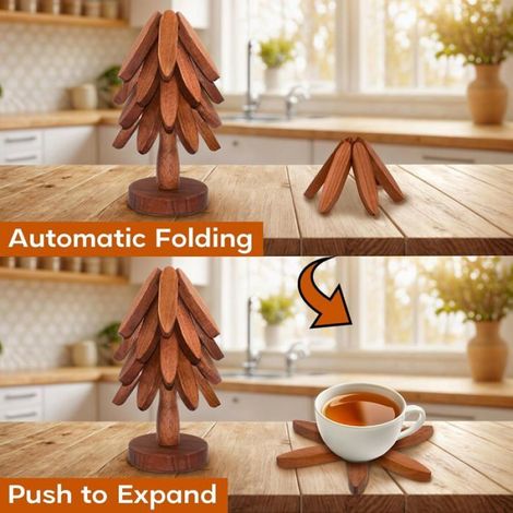 Dessous-de-plat en bois extensible, forme arbre, lot de 4 avec support, pour casseroles et plats chauds (1/4)