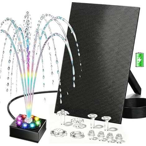 Pompe de bassin solaire 8W avec batterie 1800mAh – Fontaine solaire pour l’extérieur, idéale pour bain d’oiseau, petit bassin et jeu d’eau – 10 styles de jet et 8 LED colorées (1/5)