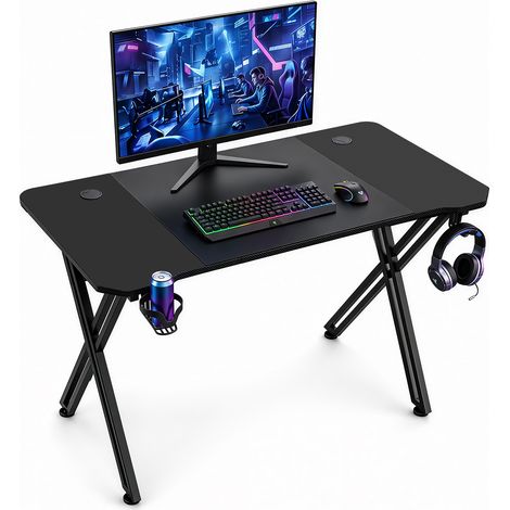 Jiubiaz Escritorio Gaming 120x60 cm en X, efecto carbono con portavasos y soporte para auriculares (1/5)