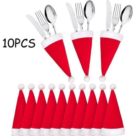 (Rouge, Blanc)Porte couverts - Noël - Chapeau de Père Noël - Rouge et Blanc - 12x6 cm - Décoration de fête (1/4)