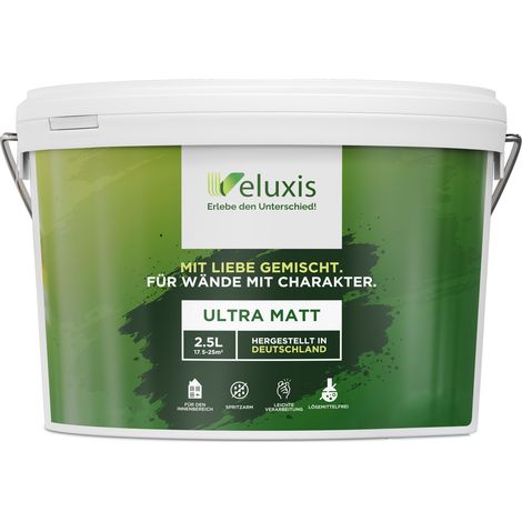 Pittura murale bianca opaca per interni – Copertura classe 1, senza COV, senza primer, formula a gocciolamento – Soggiorno e camera da letto – 2,5 L – Veluxis (Pure White)