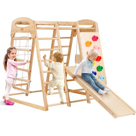 Aire de Jeux Intérieure 7-en-1, 120x109x121 cm, avec Échelle en Bois et Corde , Échelle en Filet, Balançoire, Barre de Singe, Toboggan et Mur d'Escalade, Structure de Jeux pour Enfants (1/5)