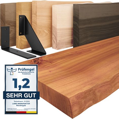 LAMO Manufaktur étagère murale en bois massif, irrégulier, étagère de rangement Basic, bois foncé / équerre noire 120cm, LW-01-A-004-120LS