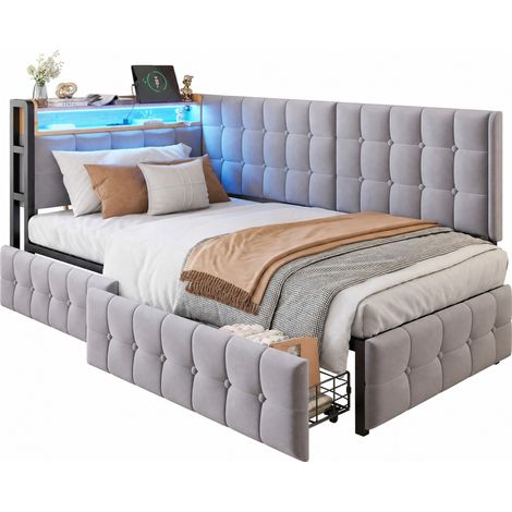 Canapé-lit rembourré 90 x 200 cm avec 2 tiroirs, LED multicolore, ports USB-C, structure métal et tissu gris, gain de place pour chambre ou studio CHICFURN (1/5)