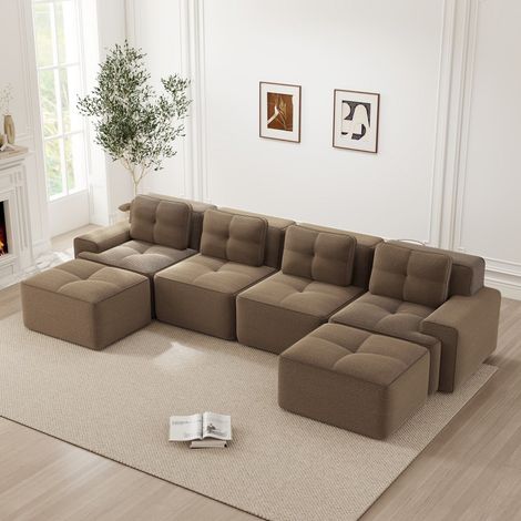 Modulares U-förmiges Sofa 382 x 177 x 69 cm – 4-Sitzer-Ecksofa aus geripptem Samt mit Ottomane-Hockern und tiefer Sitzfläche – Braun (1/5)