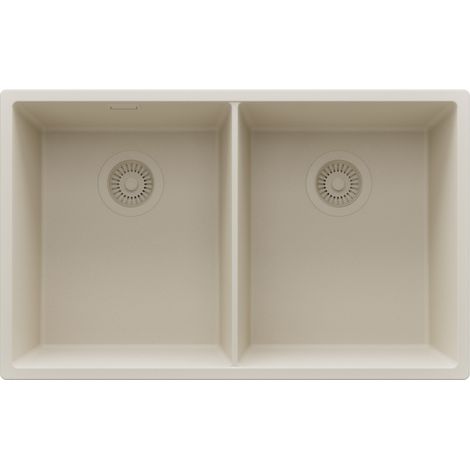 PRIMAGRAN Evier Sous Plan 76x47cm,Evier en Granit 2 bacs + Kit de Vidage, Évier au meuble 80cm - London Twin, Beige (1/5)