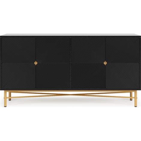 Buffet noir à 4 portes 160 x 40 x 82 cm avec poignées et pieds dorés brillants (1/5)