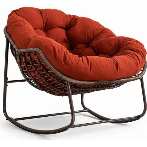 Fauteuil à bascule en rotin avec coussin orange et acier