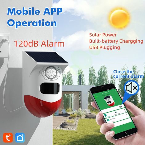 Détecteur de mouvement extérieur étanche WiFi, solaire et infrarouge, avec alarme sonore et contrôle à distance via l'application Smart Life. (1/5)