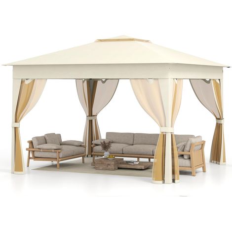 COSTWAY Gazebo Pieghevole 3,4 x 3,4 m con Zanzariera, Gazebo da Giardino con Tende Laterali, Tenda da Giardino Antivento Facile da Montare Resistente 210D con Borsa di Trasporto (Beige)