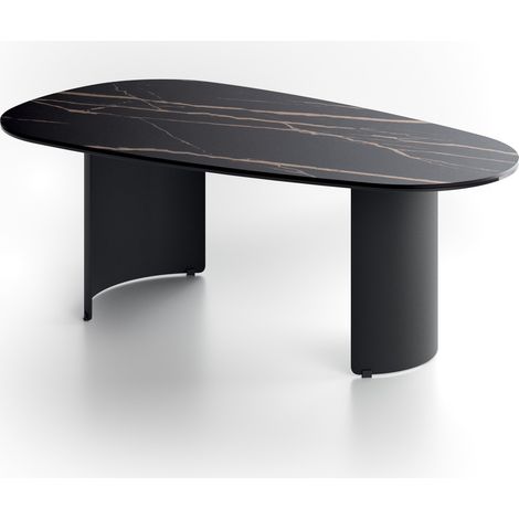 Tavolino da Salotto Dolmen in Ceramica su Vetro e Struttura in Metallo Verniciato Nero - Design Moderno 100x55x35 cm - Esclusivo (1/2)