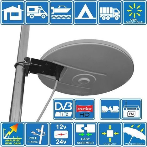 Helio - amplifiée numérique omnidirectionnelle d'antenne TV HD de Gain Haut 33dB TNT DVB-T FM Dab. 12V - 24V idéal pour Camping A25 (1/4)