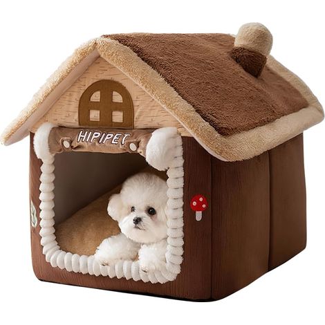 Maison pour Chat, Niche pour Chat Mignonne avec Cheminée, Niche Douce Et Confortable pour Animaux De Compagnie, Abri Chaud pour Chats, Tente pour Chien avec Coussin Amovible(M, Marron)