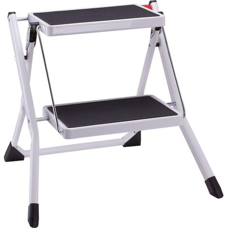 Escabeau pliable 2 marches – Métallique antidérapant – Marches 30 x 20 cm – Charge 150 kg – Dimensions 50 x 49 x 45 cm – Blanc