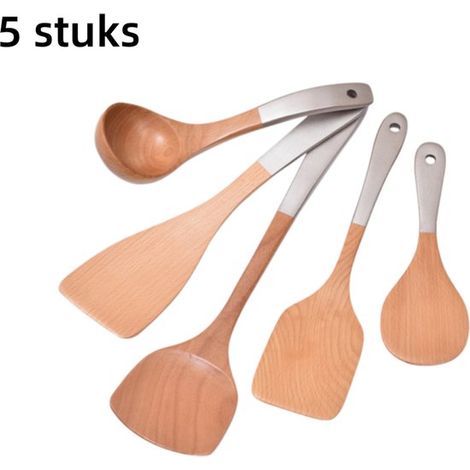 Set di 5 utensili da cucina: padella antiaderente, wok, spatola, cucchiaio per riso, mestolo per zuppa, spatola in legno. Set ideale per cucine e ristoranti. Colore legno. (1/5)