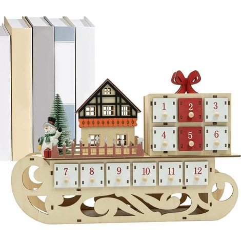 Calendario de cuenta regresiva con forma de trineo y luz LED - Decoración de trineo de madera (1/5)