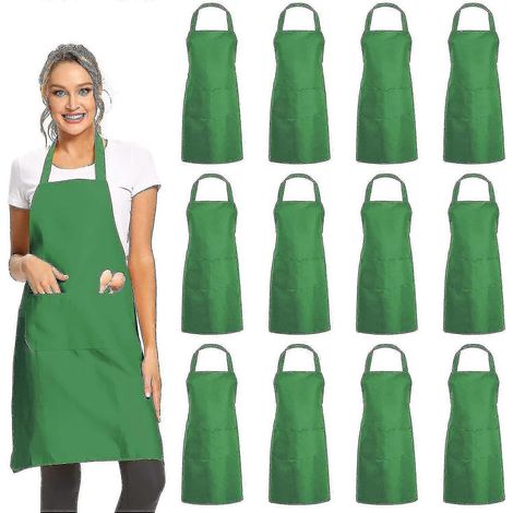 Lot de 12 tabliers à bavette solides avec 2 poches - Tabliers unisexes verts en gros (1/2)