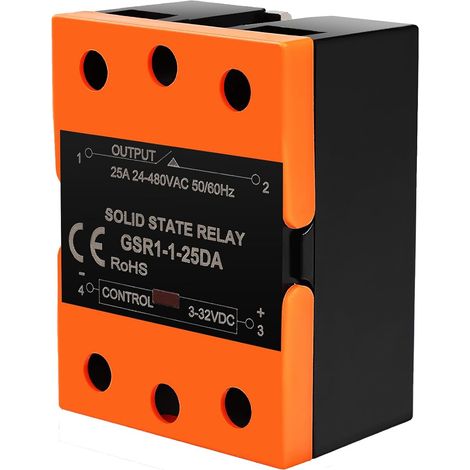 Solid State Relais 12 V 230 V Relais semi-conducteurs monophasé SSR-25DA, tension zéro mise en marche Relais de coupure de courant nul, entrée 3-32 VDC, sortie 24-480 VAC, 25 A, -20 ° 75 °C (1/5)