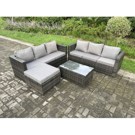 Fimous 7 places Meubles de Jardin en rotin avec Table basse grand tabouret Mélange gris foncé (1/5)