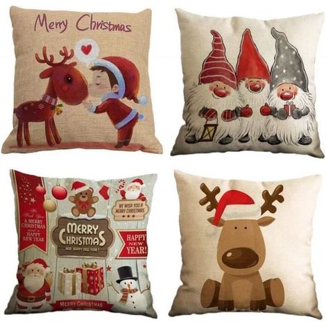 Taie d'oreiller, Lot de 4 en Coton et Lin Noël Wapiti Le père noël Bonhomme de Neige Nain Imprimé Housse De Coussin carré 45 x 45 (1/4)