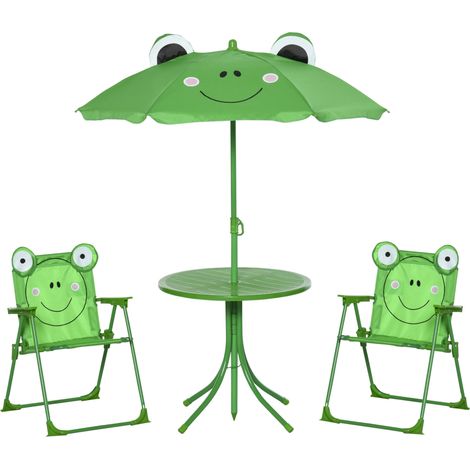 Set Tavolino e 2 Sedie Pieghevoli da Giardino per Bambini con Ombrello Verde Rana