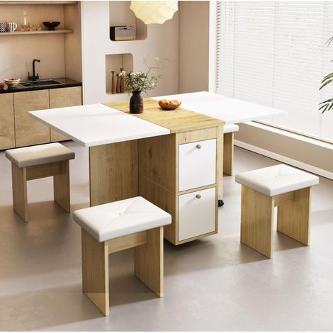 MEUBLIV Ensemble table à manger pliante extensible 120x80x75 cm avec 4 chaises blanc et chêne (1/5)