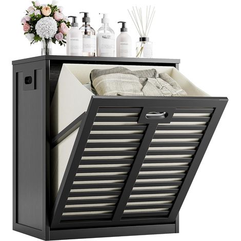Meuble Salle de Bain avec Panier à Linge, Armoire bas Salle de Bain en Bambou avec Sac Intérieur Amovible pour Buanderie, Toilette et Chambre à coucher, Noir (1/5)