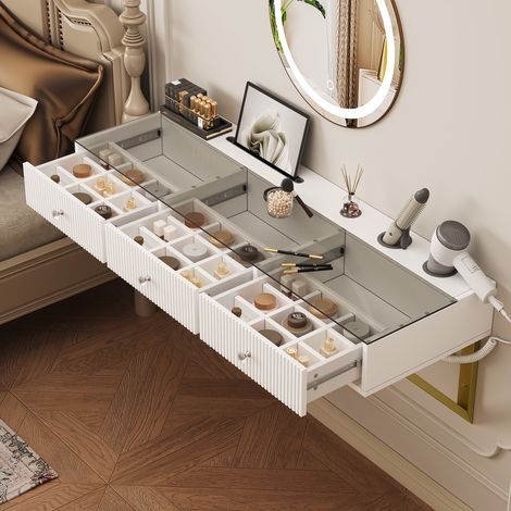 Coiffeuse murale avec 3 tiroirs, plateau en verre, support tablette et porte-gobelet, blanc 120x40x45 cm (LxHxP), sans miroir LED (1/5)